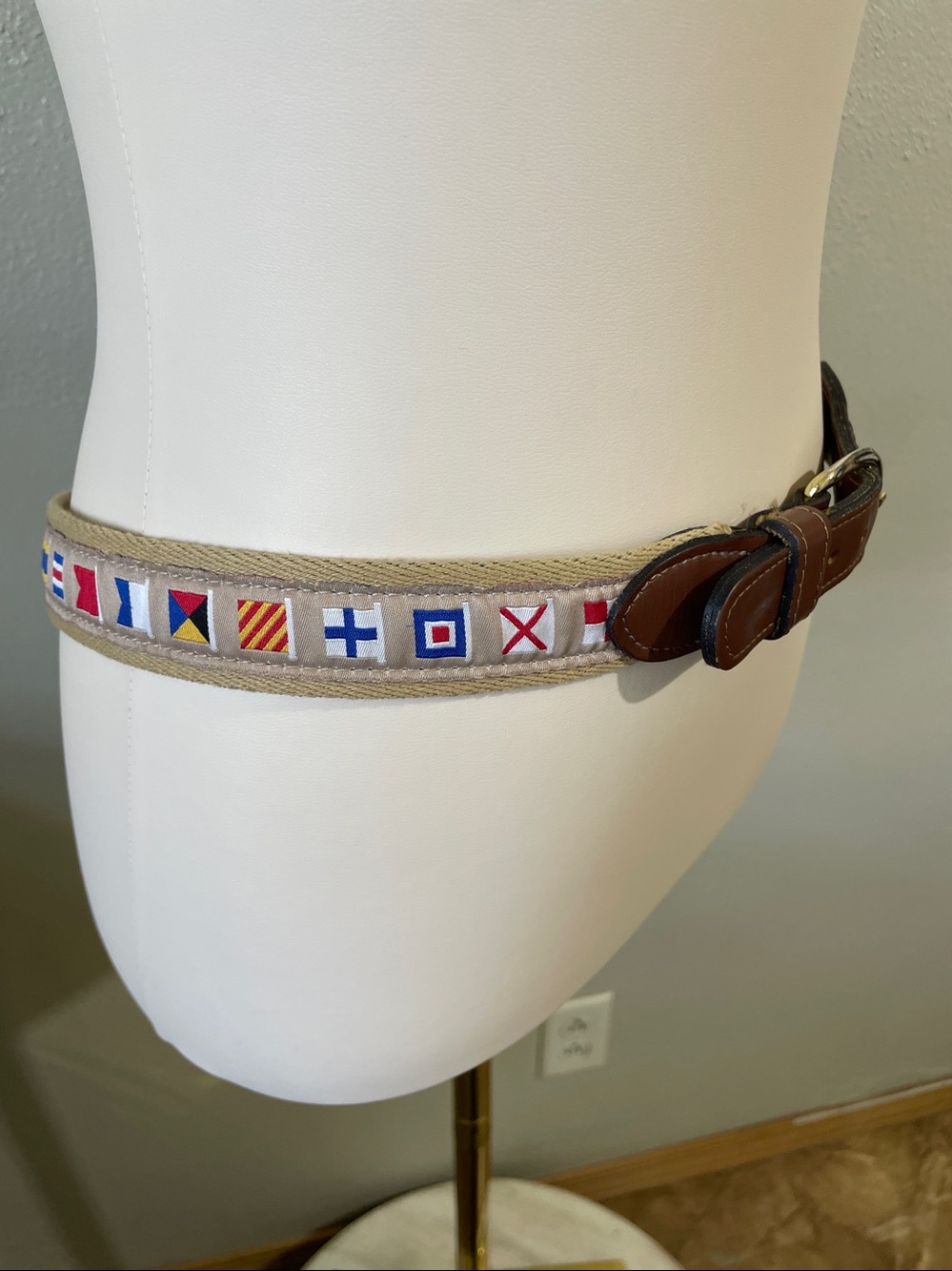 Nautical Ribbon Canvas Leather Belt Multicolor Flags Brass Buckle Sz 38 USA Made